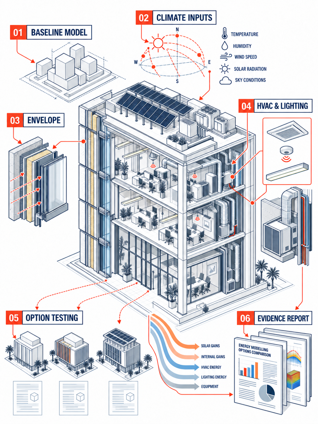Detailed isometric line illustration of energy modelling