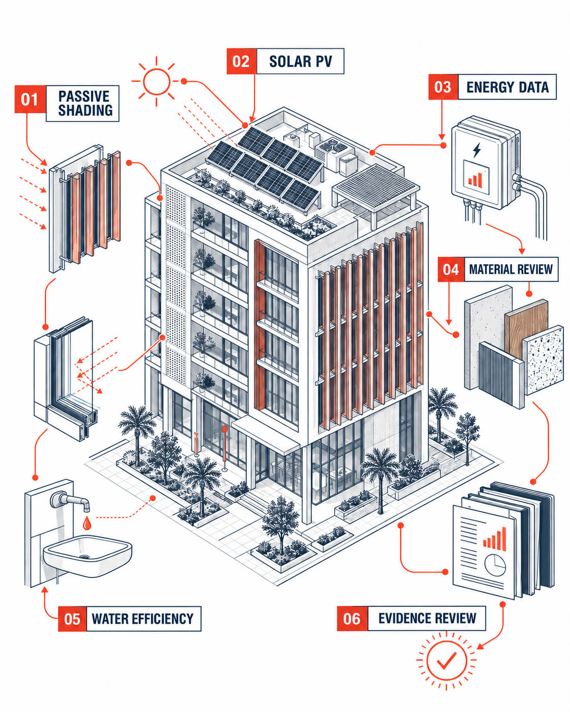 Detailed isometric line illustration of green building certification