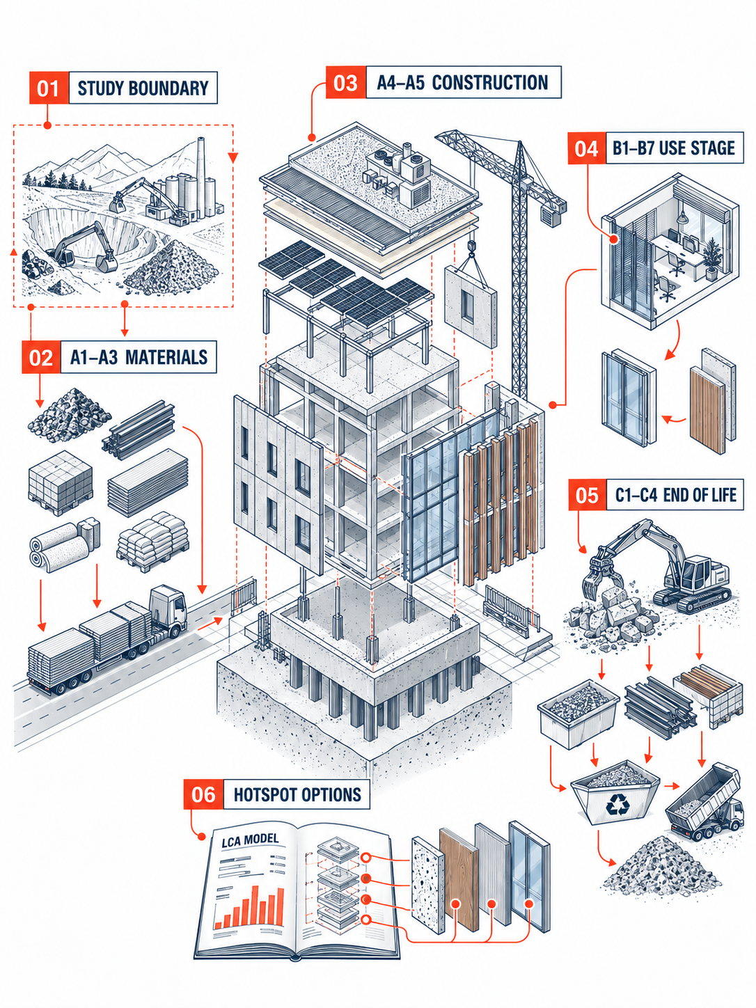 Detailed isometric line illustration of life cycle assessment