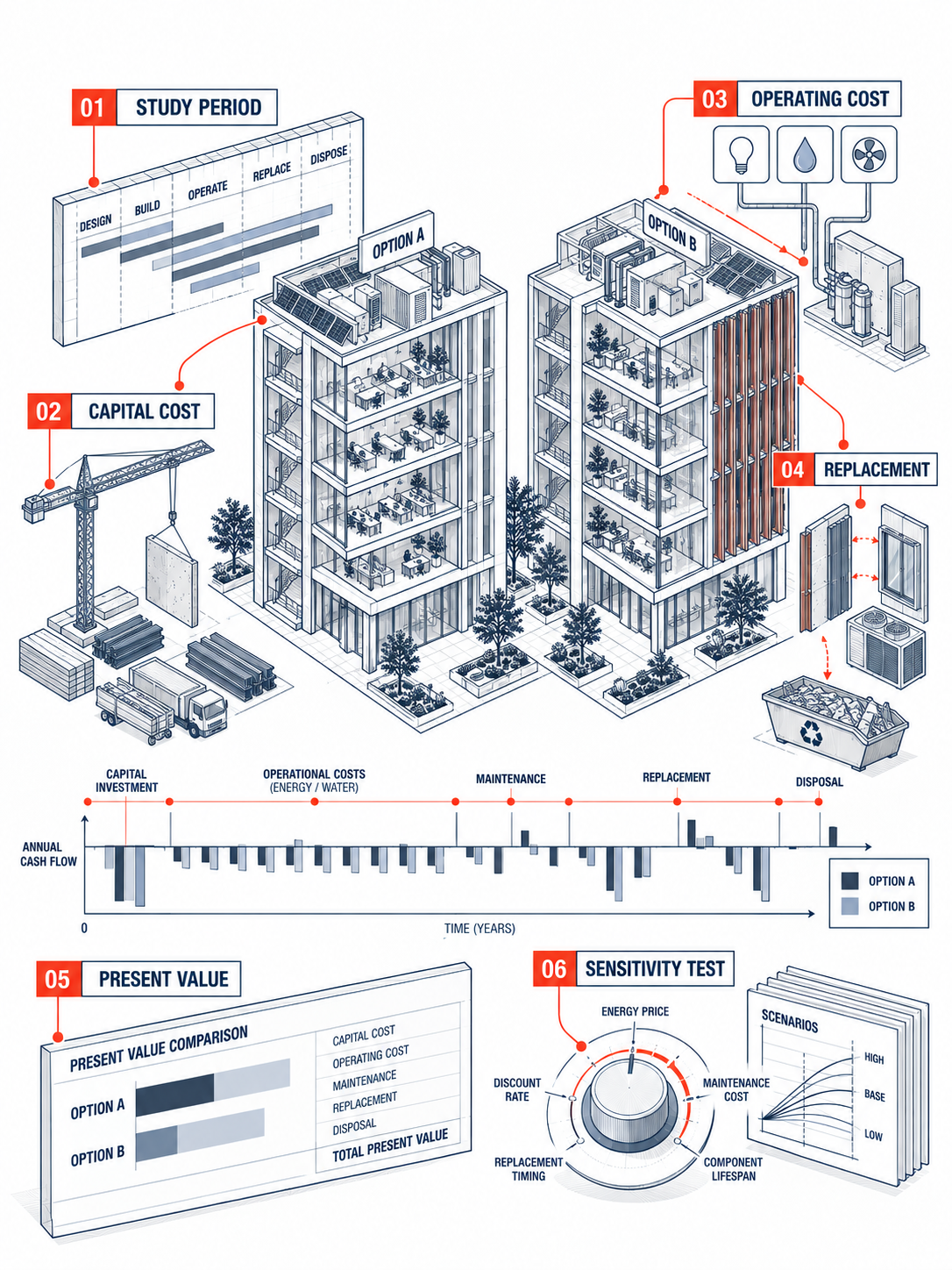 Detailed isometric line illustration of life cycle costing