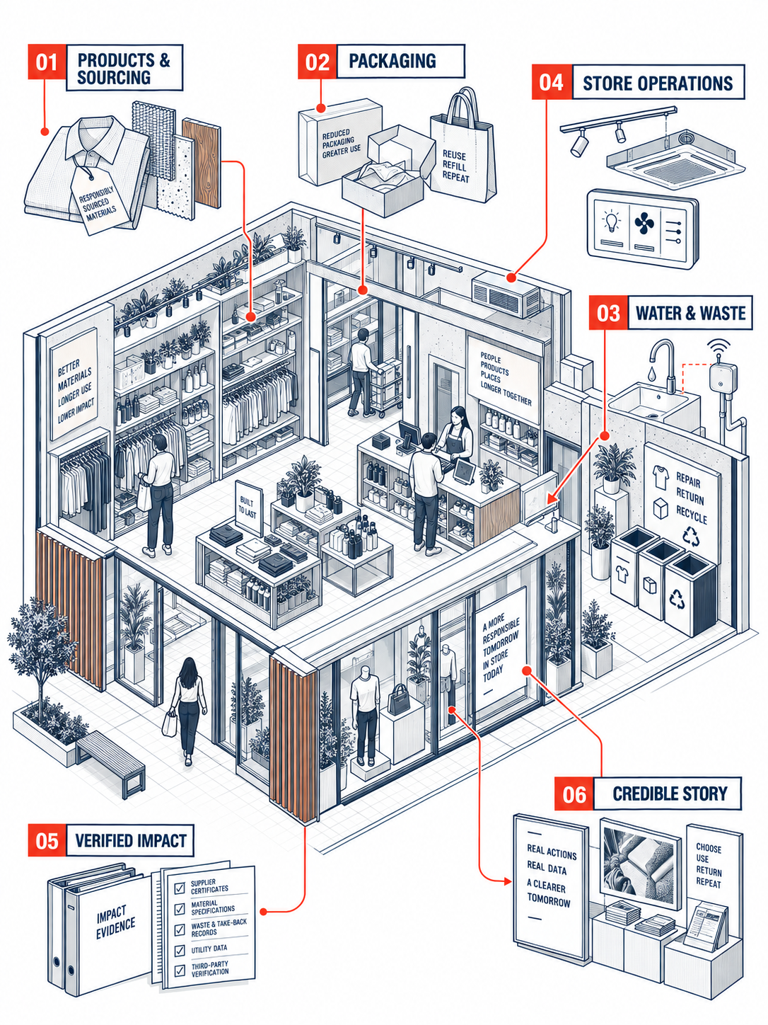 Detailed isometric line illustration of retail sustainability & impact storytelling