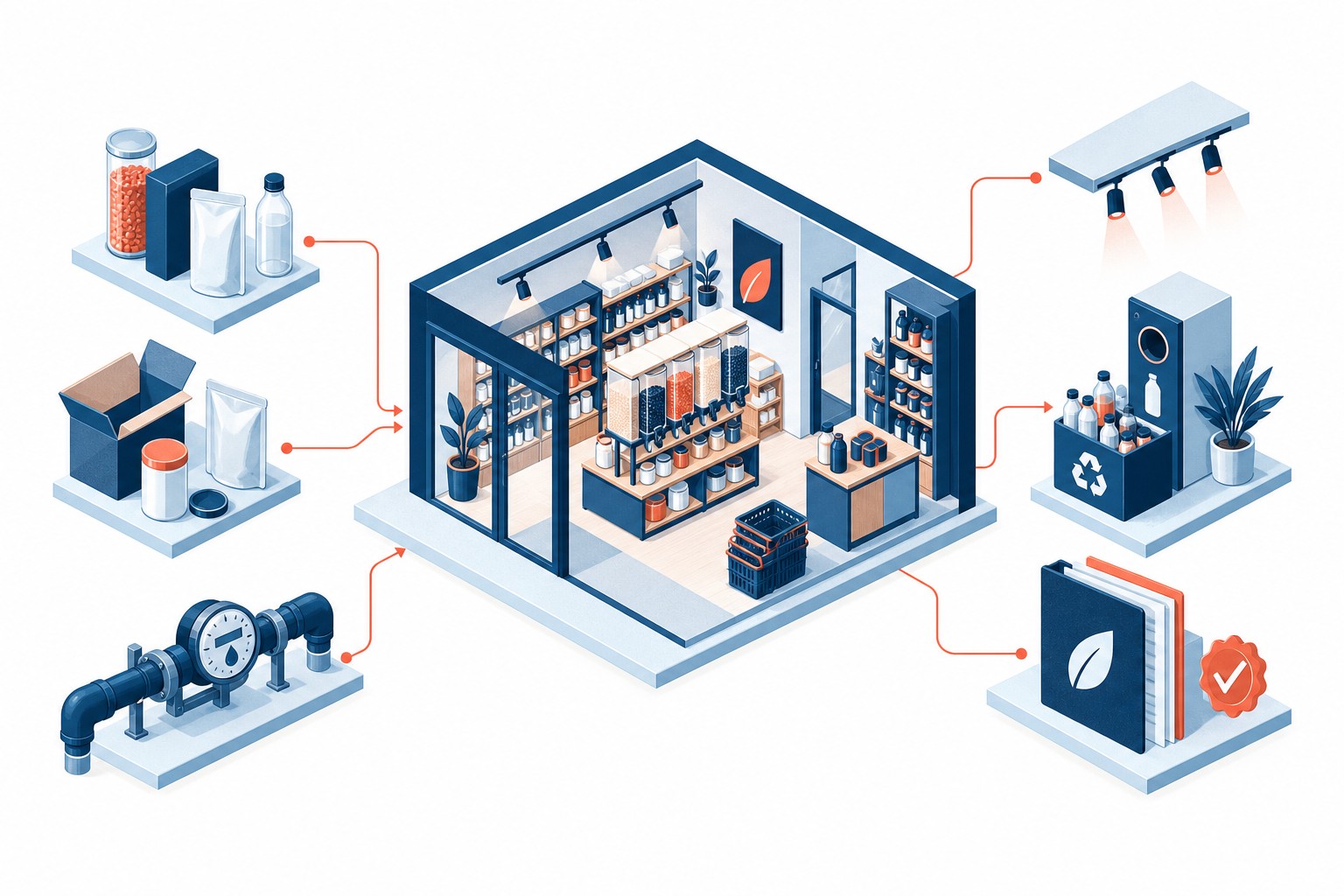 Isometric concept illustration of a retail store, packaging, water, reuse and evidence review